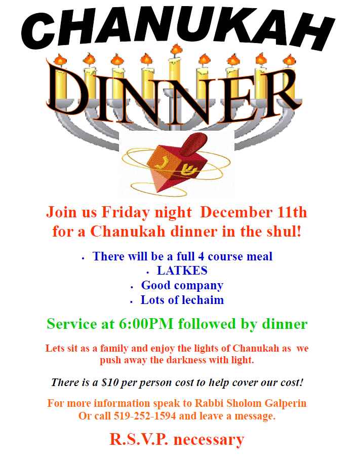 An invitation to join us for a Chanukah meal at the synagogue