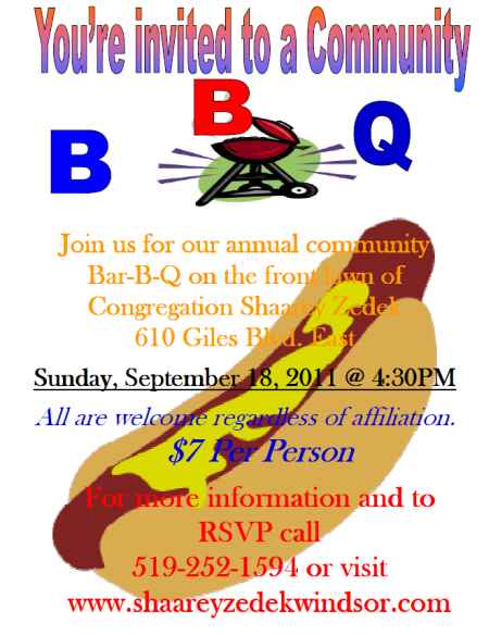 Invitation to third annual Shaarey Zedek Community Bar-b-q