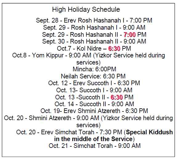 High Holidays schedule