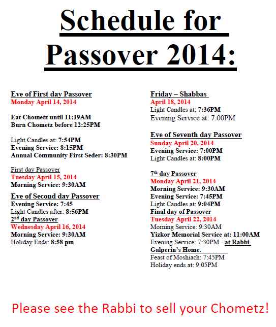 Schedule for Passover 2014