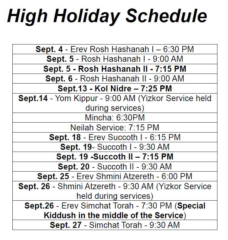 High Holidays Schedule - 2013