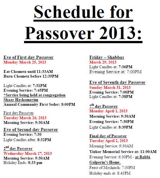 Passover 2013 Schedule