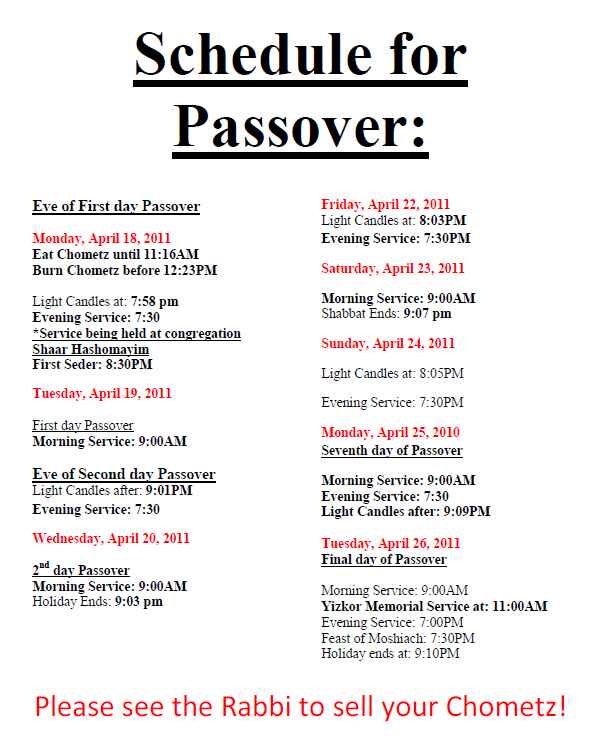Pesach 2011 Schedule