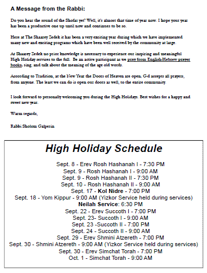 Invitation to High Holiday Services